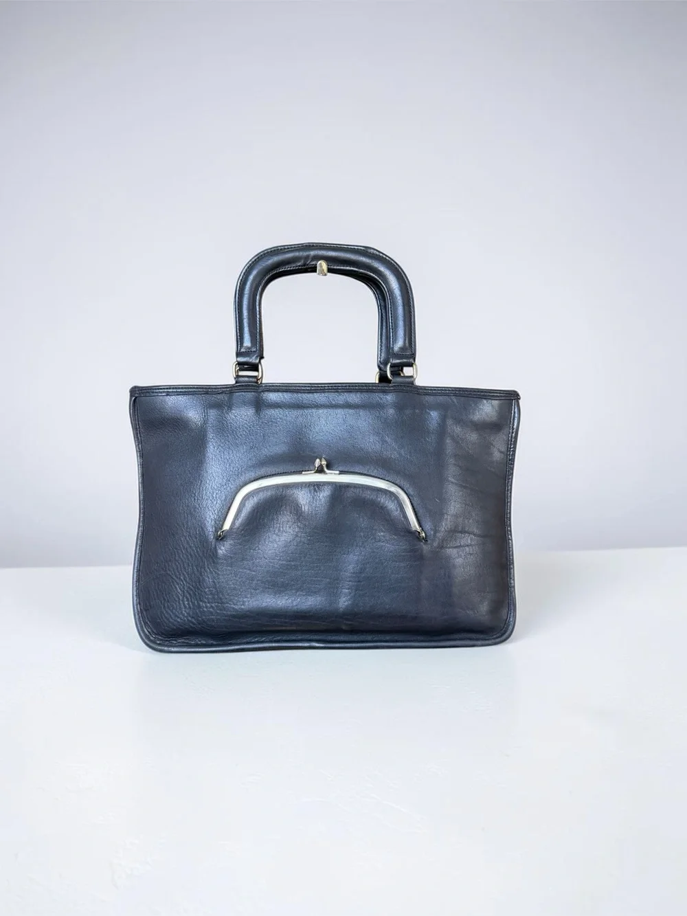 Vintage Coach Watermelon Kisslock Bag Black Leather Pre-Creed 70s Bonnie Cashin